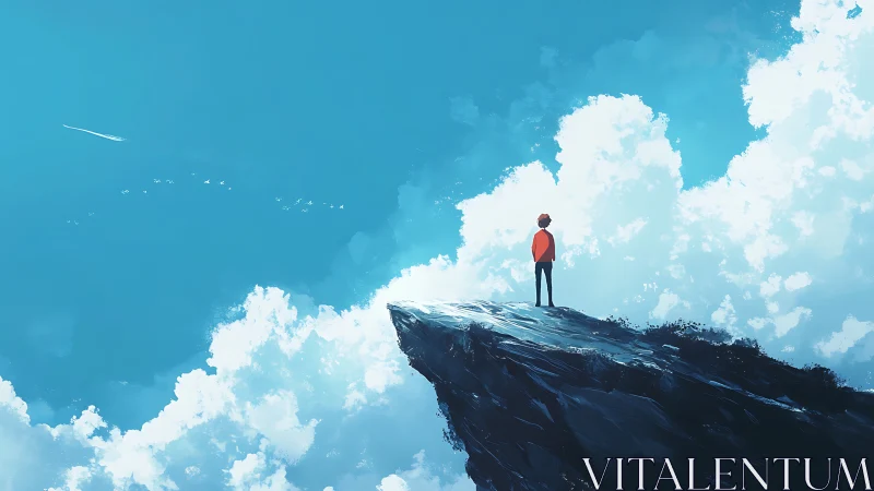 Lone traveler on cliff edge under vast summer sky.