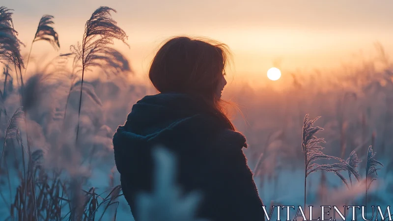 Woman in Field at Sunset, Soft Pastel Colors and Dreamy Mood.