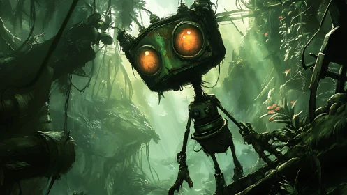 Rustic scout robot surveys overgrown cybernetic jungle terrain