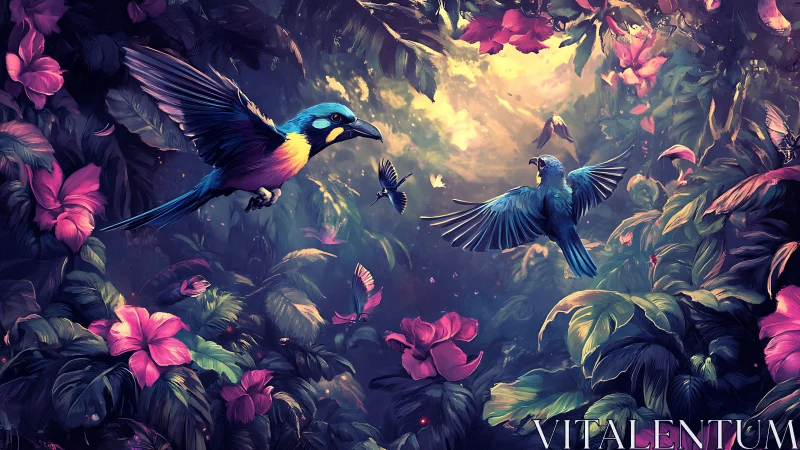 Colorful jungle birds dancing through glowing rainforest light.