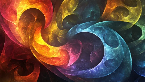 Vibrant swirling fractal curves in layered color fields.