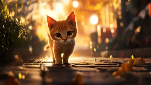 Kitten standing alone on wet urban street at golden hour