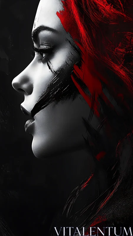 Profile portrait with red abstract streaks on dark ground.