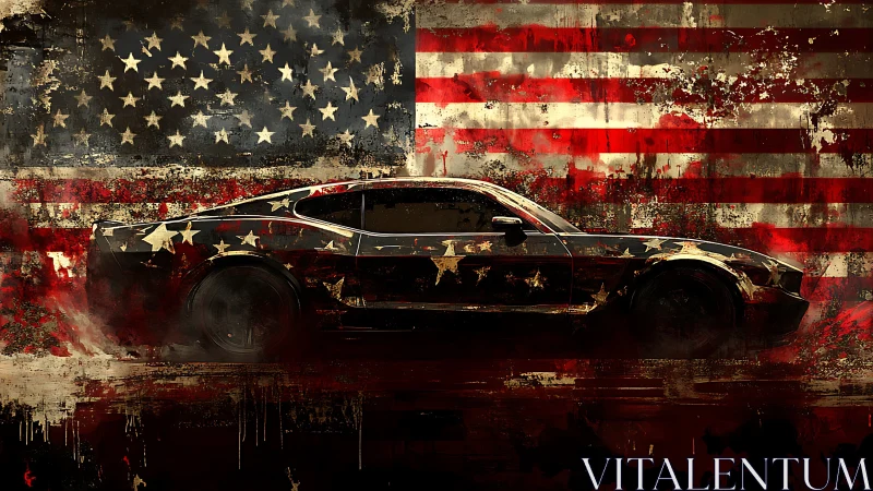 American muscle car against distressed US flag backdrop.