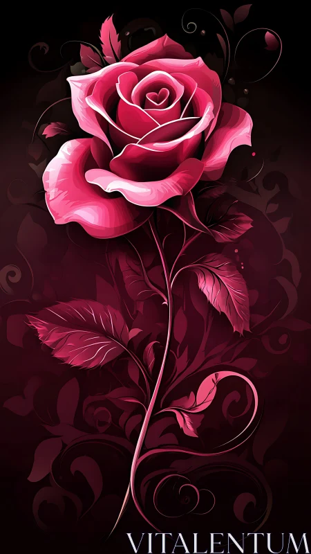 Luminous Pink Rose with Heart Center Against Dark Swirling Garden.