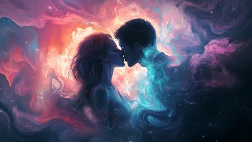 Two souls entwine within luminous cosmic nebulae