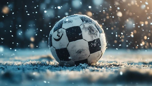 Snow-dusted soccer ball rests on a frosty winter field.