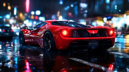 Red supercar on neon city street in heavy rain at night.