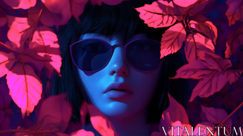 Woman with sunglasses framed by neon pink foliage at night.