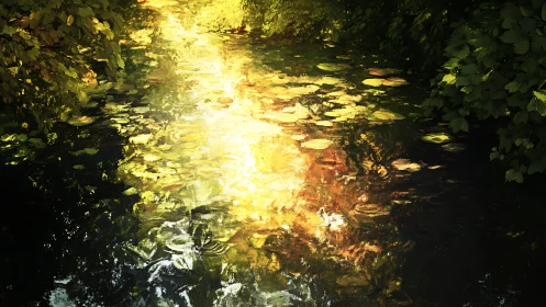 Sunlit pond surface reflects dense foliage and lily pads