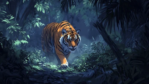 Solitary tiger advancing through dense forest understory.