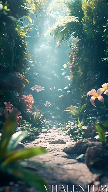 Sunlit jungle footpath gently welcomes quiet morning walks
