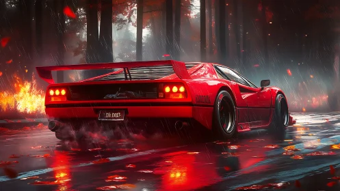 Scarlet rainrunner supercar storms a burning forest road.