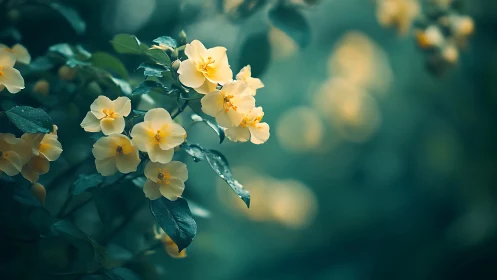 Yellow roses with water droplets against teal bokeh background.