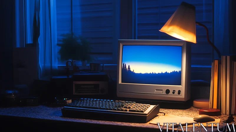 Retro desktop glowing under lamplight in twilight room.