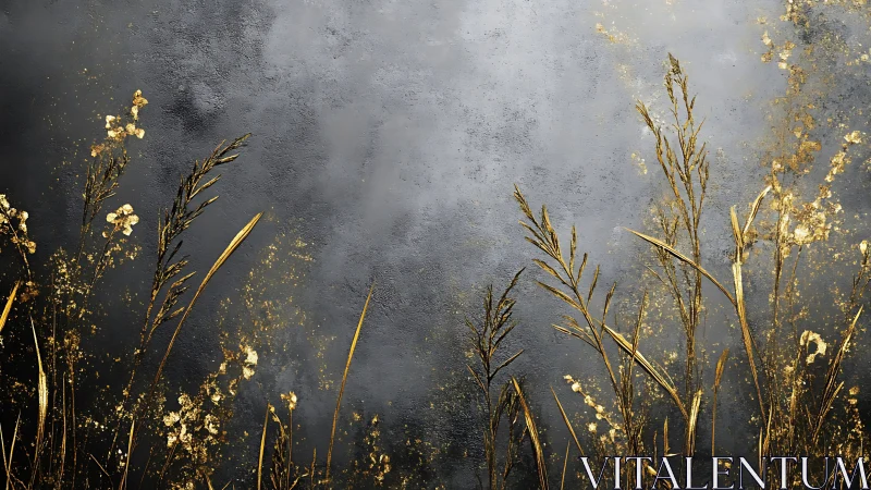 Gold botanical silhouettes on textured dark gray background.