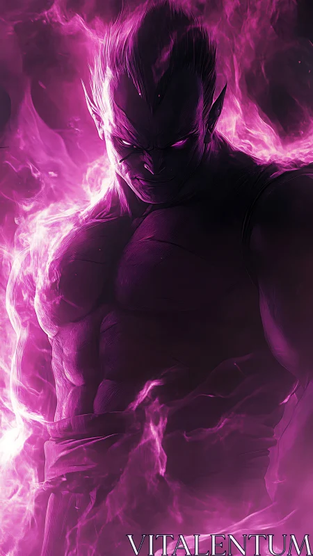 Demonic warrior engulfed in vivid neon violet aura flames.