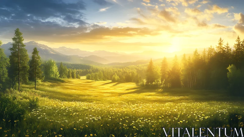 Sunlit alpine meadow glows beneath dramatic morning sky.