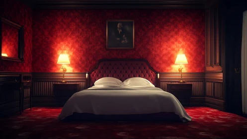 Velvet red hotel bedroom glowing with quiet evening light.