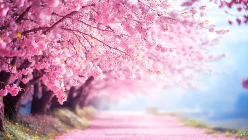 Cherry blossom avenue demonstrates soft-focus depth composition technique.