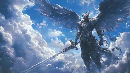 Armored celestial warrior with greatsword above cumulus clouds