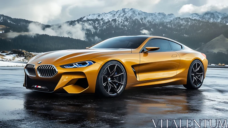 Golden mountain coupe gliding across a glassy winter road.