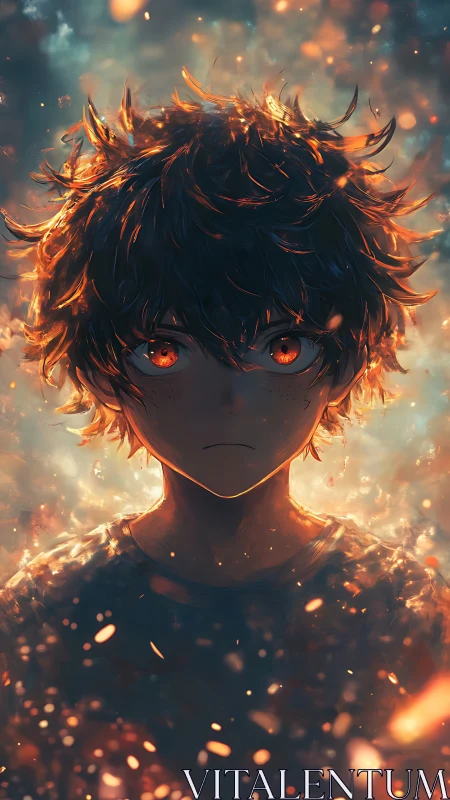 Ember-eyed boy holds silent wildfire beneath stormy dusk