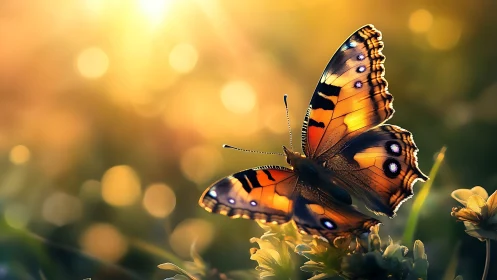 Macro study of sunlit butterfly wings in bokeh field focus.
