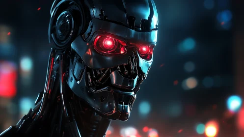 Chromed endoskeleton head with emissive red optics in neon haze