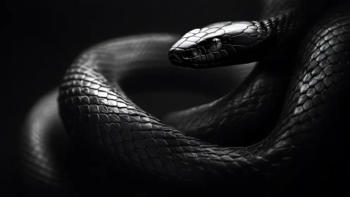 Coiled black snake in dramatic low key monochrome light.