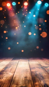Inviting wooden stage glowing under colorful show lights.
