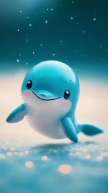Cute blue dolphin character swims in glowing water.