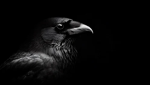 Striking black and white raven portrait with dramatic lighting.