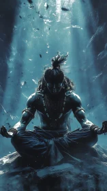 Mythic ascetic meditates within icy celestial light shaft