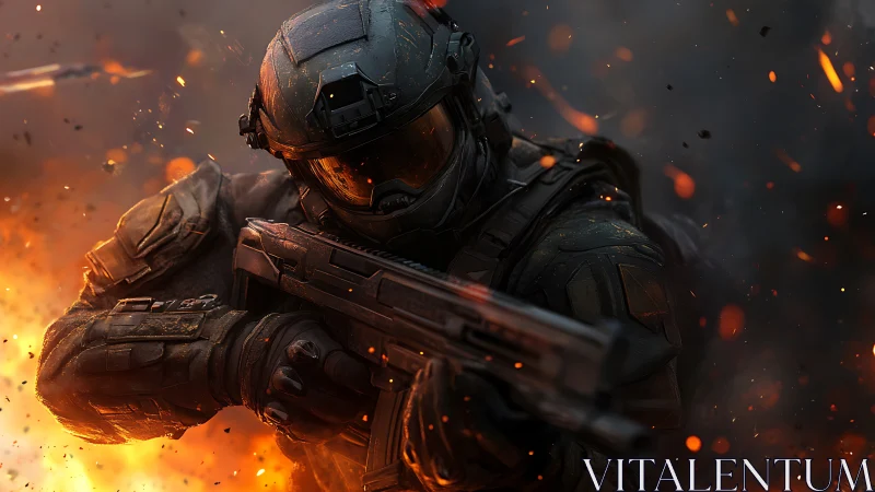 Tactical sci fi soldier in powered armor amid ballistic firestorm