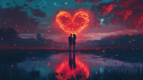 Couple Under Glowing Heart Sky.