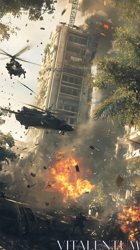 Urban highrise collapse under helicopter assault and explosions