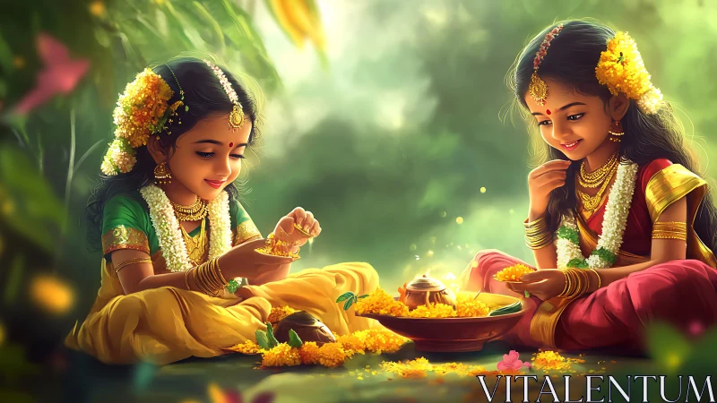 Festive Indian girls arranging marigold flowers outdoors.