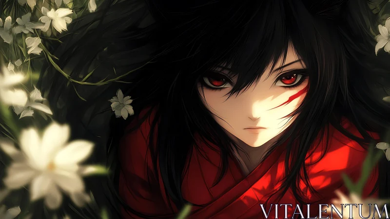 Crimson-eyed warrior framed by lilies and shadowed foliage.