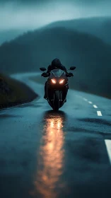 Midnight rider gliding through a rainy mountain highway.