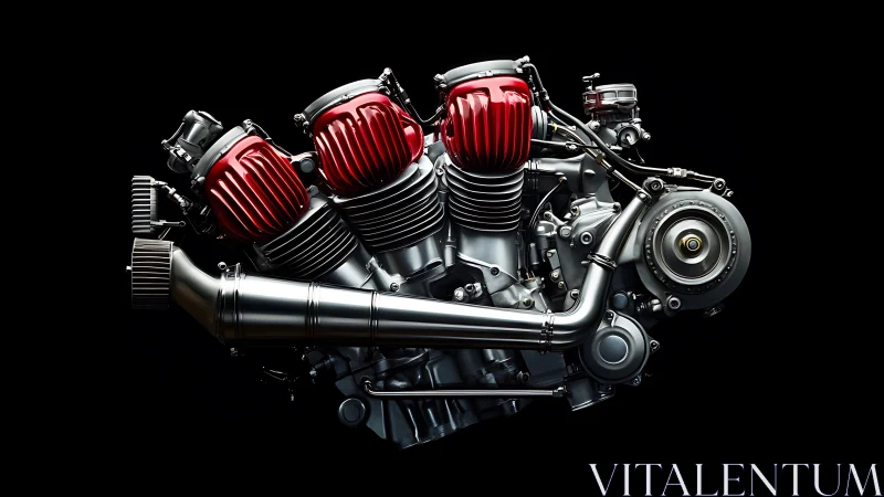 High-contrast motorcycle V-twin engine with red air intakes