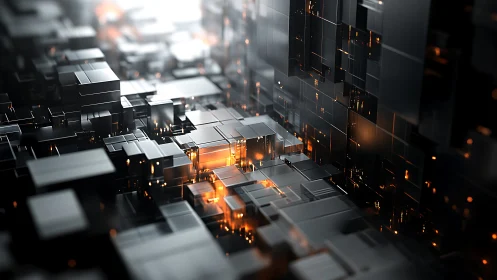 Geometric metal blocks glow with warm digital energy lines