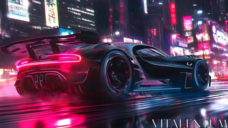Futuristic hypercar accelerates through neon city rain