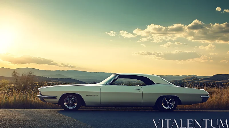Classic white muscle car glows in warm sunset landscape.