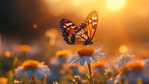 Sunlit monarch pausing on a daisy throne at golden hour.