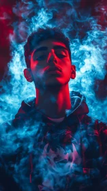 Neon smoke prince framed in electric crimson and cyan haze.