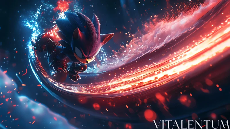 Blue cartoon hedgehog sprints on fiery curved trail in night