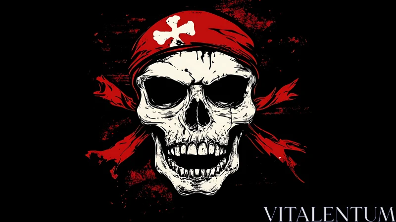 Grim pirate skull with red bandana on black background.