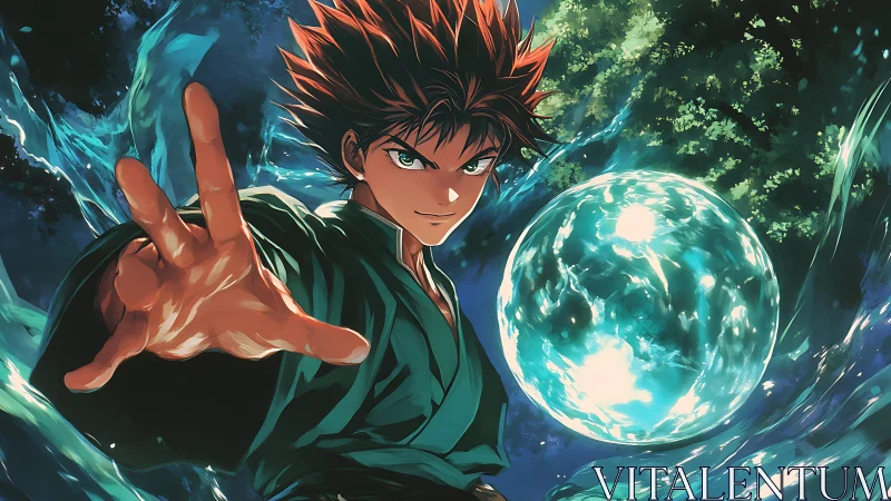 Energetic male mage forming luminous aqua sphere, mid-cast