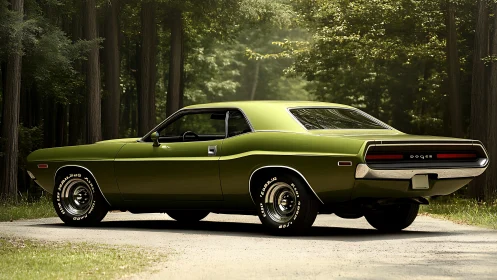 Classic green muscle car rests quietly on a sunlit forest road